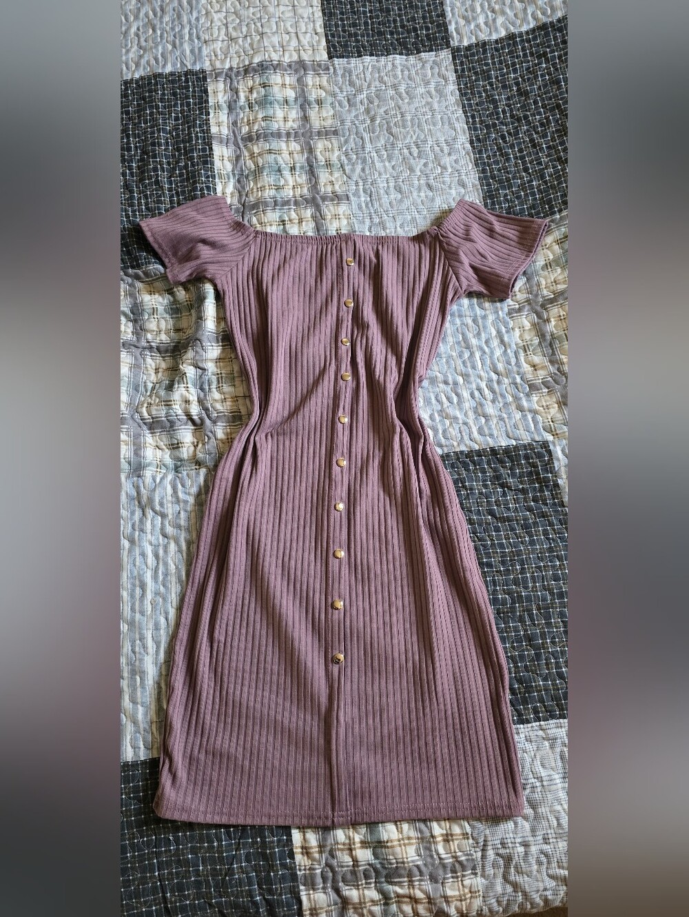Say What? Mauve Pink Ribbed Off-Shoulder Button-Front Dress